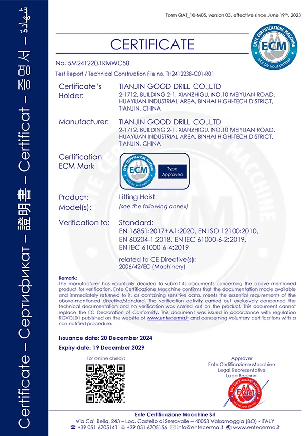 ECM Certification of Lifting Hoist